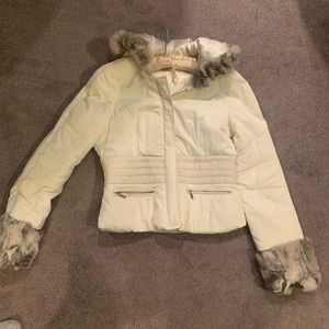 Bebe white jacket with real rabbit fur trimmed hood and sleeves